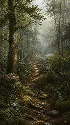 a mysterious forest path with fireflies and drifting mist, atmospheric vertical composition with open space at the top, no text