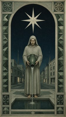 a robed figure pouring water beneath a large eight-pointed star in a night sky, symmetrical composition with an ornate decorative border, no text