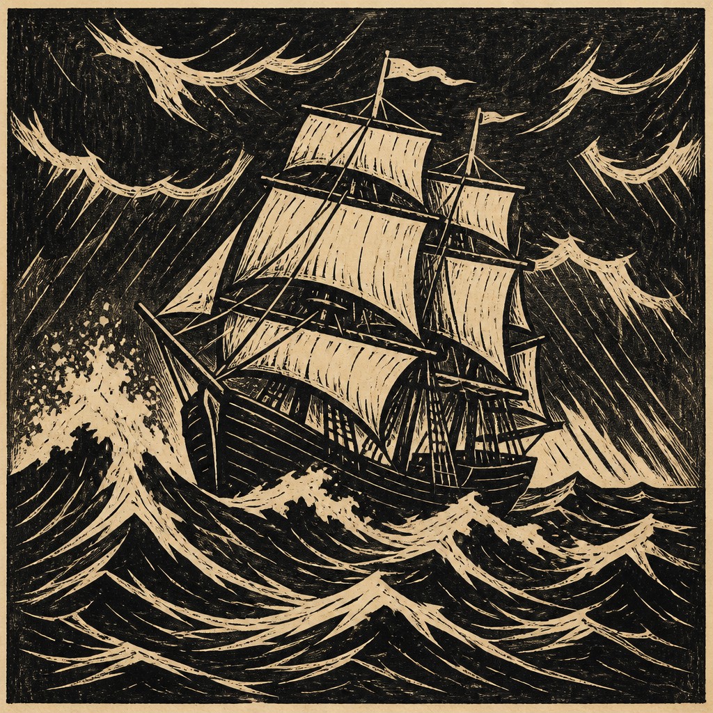 sailing ship on a stormy sea — Woodcut Print Style