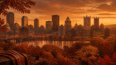 a city skyline panorama at dusk with glowing windows, no people