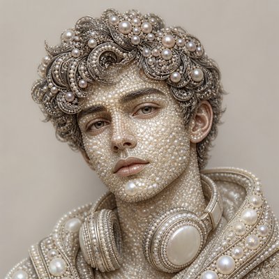 head-and-shoulders portrait of an original character: a young man with curly dark hair and headphones around his neck, plain backdrop, no text