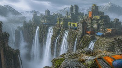 a cliffside city with waterfalls cascading into a misty canyon, wide establishing shot, no people, no text