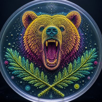 a roaring bear head above crossed pine branches, bold graphic composition on a plain background, no text