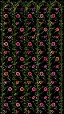 a climbing vine of flowers and hummingbirds on a dark background, tall wrapping composition, no text