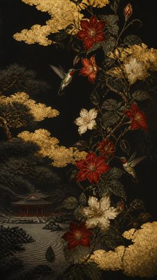 a climbing vine of flowers and hummingbirds on a dark background, tall wrapping composition, no text