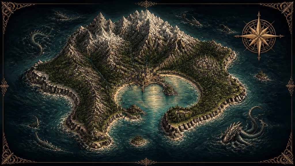 a map of an island realm with mountains, forests, a sheltered bay, sea monsters in the water and a compass rose, no text labels