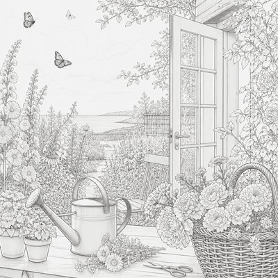 a garden scene with butterflies, flowers and a watering can, clean uncolored line art, no text