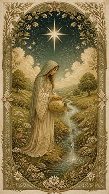 a robed figure pouring water beneath a large eight-pointed star in a night sky, symmetrical composition with an ornate decorative border, no text