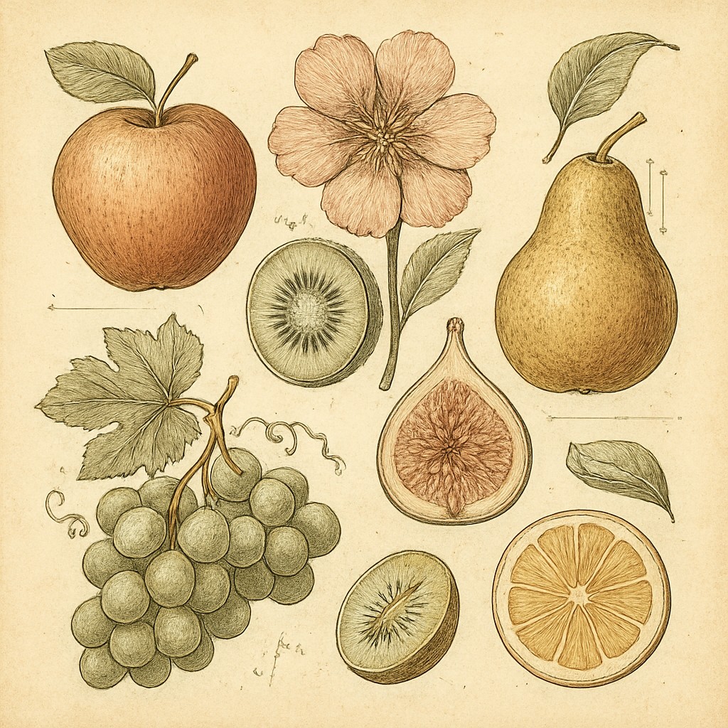 still life arrangement of fruits and flowers