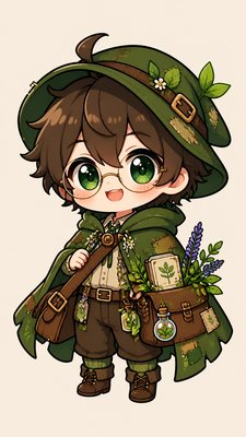 full-body original character: a wandering botanist with a satchel of plants, a patched green cloak, tall boots and round glasses, neutral background