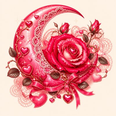a rose entwined with a crescent moon, clean balanced composition on a plain background, no text