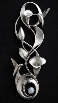 a climbing vine of flowers and hummingbirds on a dark background, tall wrapping composition, no text