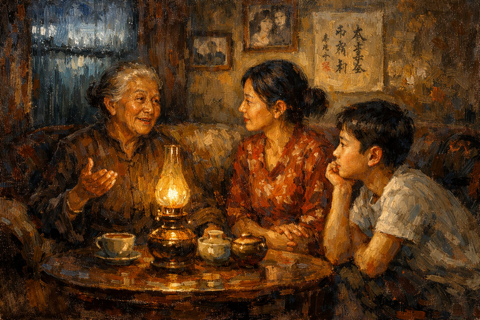 At his Grandmother's house in Penang, while the tropical rain taps softly against the window, Wing Sun, Mother and Grandmother gather in the cozy living room. The room glows with the soft light of an oil lamp, and the walls are adorned with faded photographs and delicate calligraphy. Grandmother’s eyes sparkle as she begins to speak—a voice that carries both the wisdom of her years and the tender care of someone who’s seen many seasons change. Wing Sun is pensive with anticipation. What will she say?
