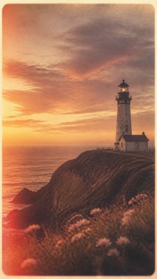 a lone lighthouse on a cliff at dusk under a dramatic sky, no text or lettering