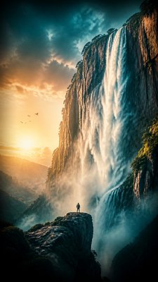 towering waterfall cascading down a cliff