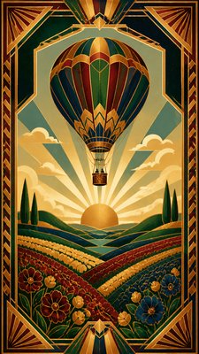 a hot air balloon drifting over rolling flower fields on a sunny day, cheerful, no text