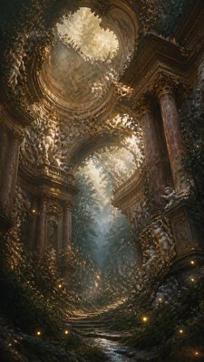 a mysterious forest path with fireflies and drifting mist, atmospheric vertical composition with open space at the top, no text