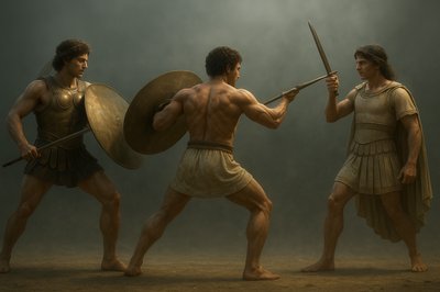three men dressed in ancient greek costumes, one holding a sword and the other holding