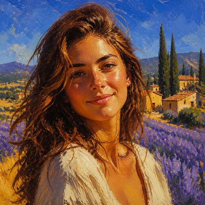 head-and-shoulders portrait of an original character: a young woman with wavy chestnut hair and a warm smile, plain soft backdrop