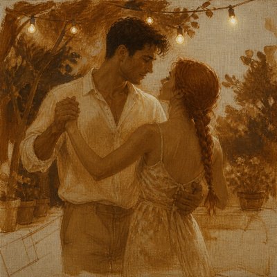 an original couple dancing under string lights in a garden at dusk: a man with short black hair in a linen shirt and a woman with braided red hair in a summer dress