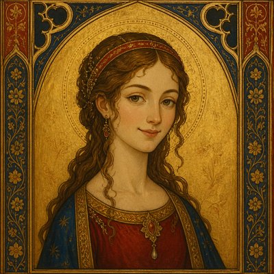 head-and-shoulders portrait of an original character: a young woman with wavy chestnut hair and a warm smile, plain soft backdrop