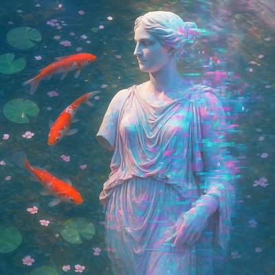 A koi pond seen from above, orange and white koi fish swimming among lily pads, clear water with subtle ripples, fallen cherry blossom petals floating on the surface, dappled sunlight