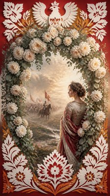 an arch of white roses and eucalyptus in soft morning light, elegant vertical composition with open space, no text