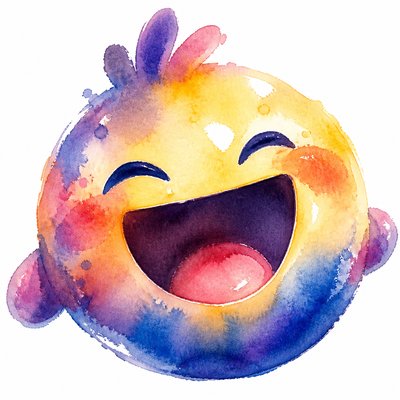 an exaggerated laughing face of an original round mascot character, bold and readable at small size, plain background, no text