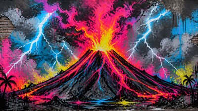 an erupting volcano with lightning strikes, dramatic wide composition, no text