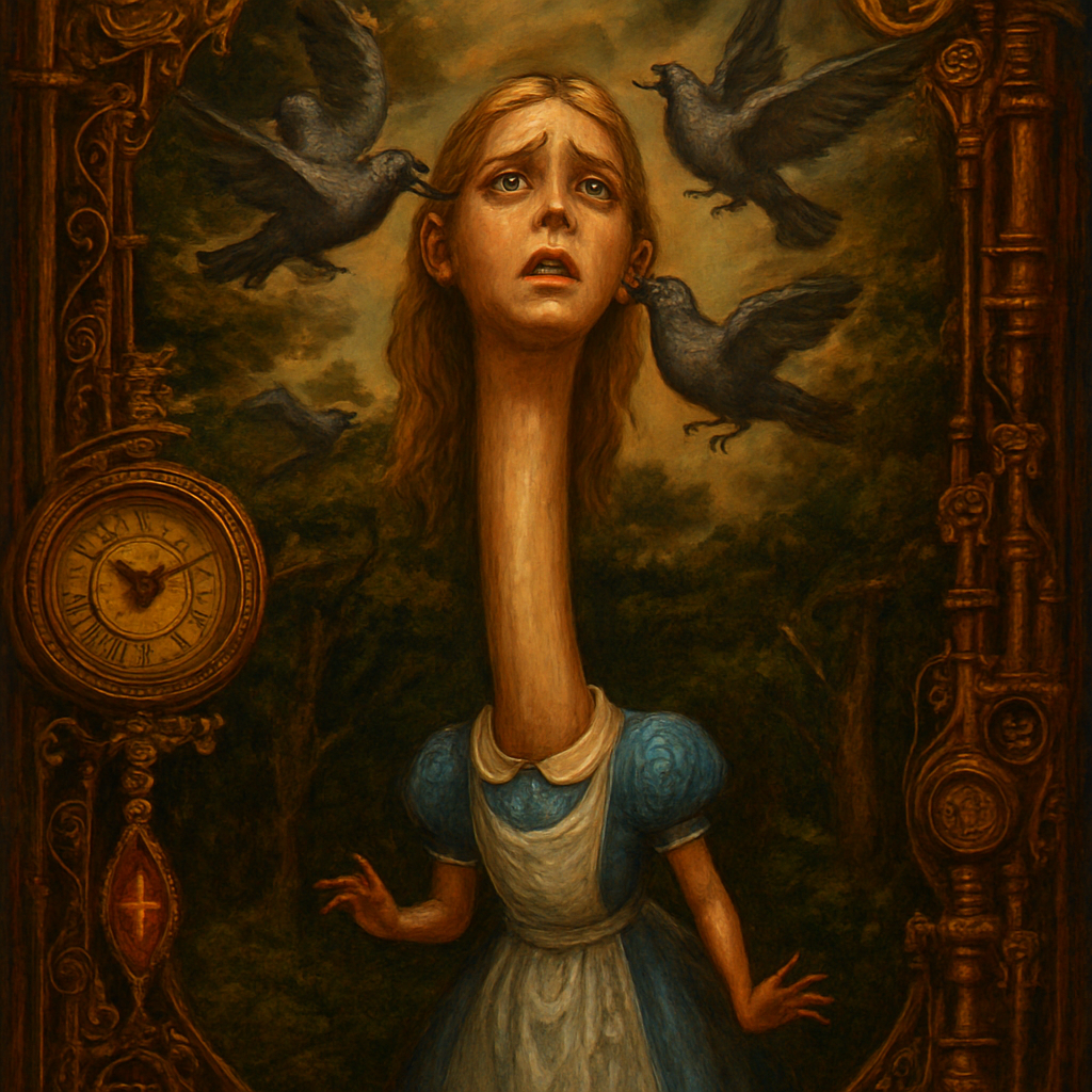 Alice, wearing her blue dress, looking distressed, with her neck stretched impossibly high, vanishing into the foliage above. Her head emerges far above the trees of the Wonderland forest. A flock of angry Pigeons fly around her immense face, one landing on her ear and pecking at it, mistakenly believing her to be a serpent trying to steal their eggs. Below, the tiny, disoriented body of Alice stands near the base of the massive neck. Whimsical, detailed oil painting, saturated colors, storybook illustration by John Tenniel crossed with Salvador Dali, high contrast lighting.