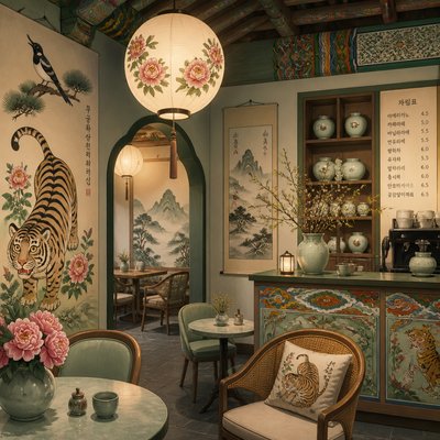 cozy cafe interior with warm lighting