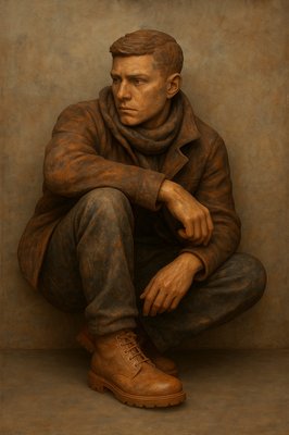 a painting of a man sitting on the ground