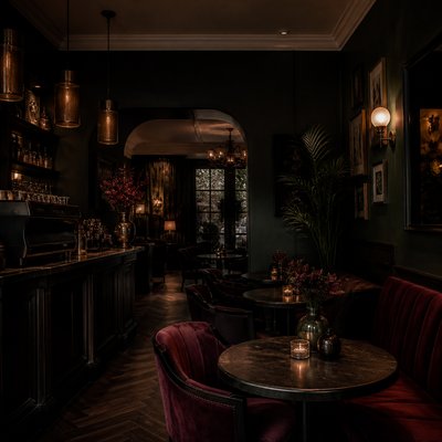 cozy cafe interior with warm lighting
