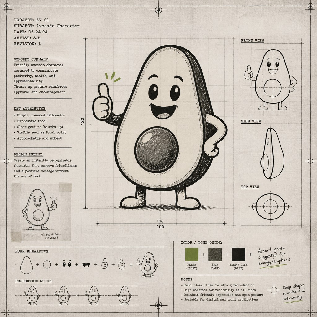 a happy avocado character giving a thumbs up, bold readable design on a plain background, no text