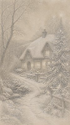 a snow-covered cottage with warm glowing windows beside a decorated pine tree, gentle snowfall, no text
