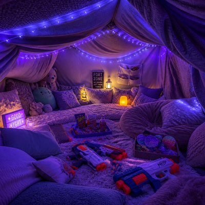 an inside view of a huge pillow fort that has led lights, that are any cool gaming colour, and inside there is also snacks and nerf guns and fidgets and stuffed toys. there are no people in it, just a good view of the whole pillow fort