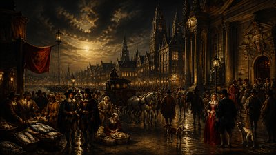 bustling city street panorama at dusk