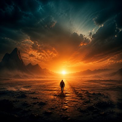 a solitary figure walking toward a glowing horizon across an empty plain, moody atmosphere, no text or lettering