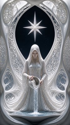 a robed figure pouring water beneath a large eight-pointed star in a night sky, symmetrical composition with an ornate decorative border, no text
