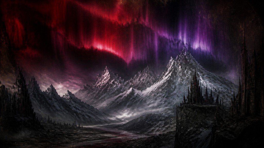 a flowing aurora over snowy peaks, wide sweeping composition, no people, no text