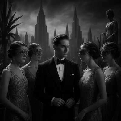 A stunning, high-contrast black and white cinematic still, mimicking the style of 1920s German Expressionism. Depict a luxurious, futuristic rooftop garden party. The scene features Freder, the young master, surrounded by several glamorous, wealthy, aristocratic ladies. The women are all dressed in ornate, art-deco-inspired gowns, their hair styled in sleek 1920s waves. Each lady wears an intricate, opulent Venetian masquerade mask that covers their eyes, adding an element of mystery and formality. In the background, the colossal, sharp, angular skyscrapers of the 'Metropolis' cityscape loom under a dramatic, moody sky. The garden is filled with exotic, highly geometric and stylized plants and gilded statues, reflecting the extreme wealth of the elite. Cinematic lighting, dramatic shadows, deep focus, silent film aesthetic, high detail, photorealistic.