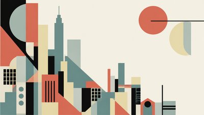 abstract city skyline, more condensed on the bottom and left side. Colors: ed6a5a-f4f1bb-9bc1bc-5ca4a9-e6ebe0