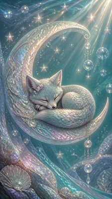 a sleeping baby fox curled on a crescent moon among soft stars, gentle and warm, no text