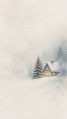 a snow-covered cottage with warm glowing windows beside a decorated pine tree, gentle snowfall, no text