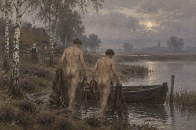 two male swimmers without briefs carry their fishnets to a boat near the shore