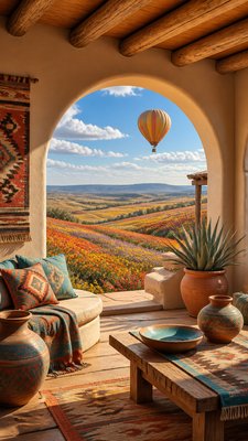 a hot air balloon drifting over rolling flower fields on a sunny day, cheerful, no text