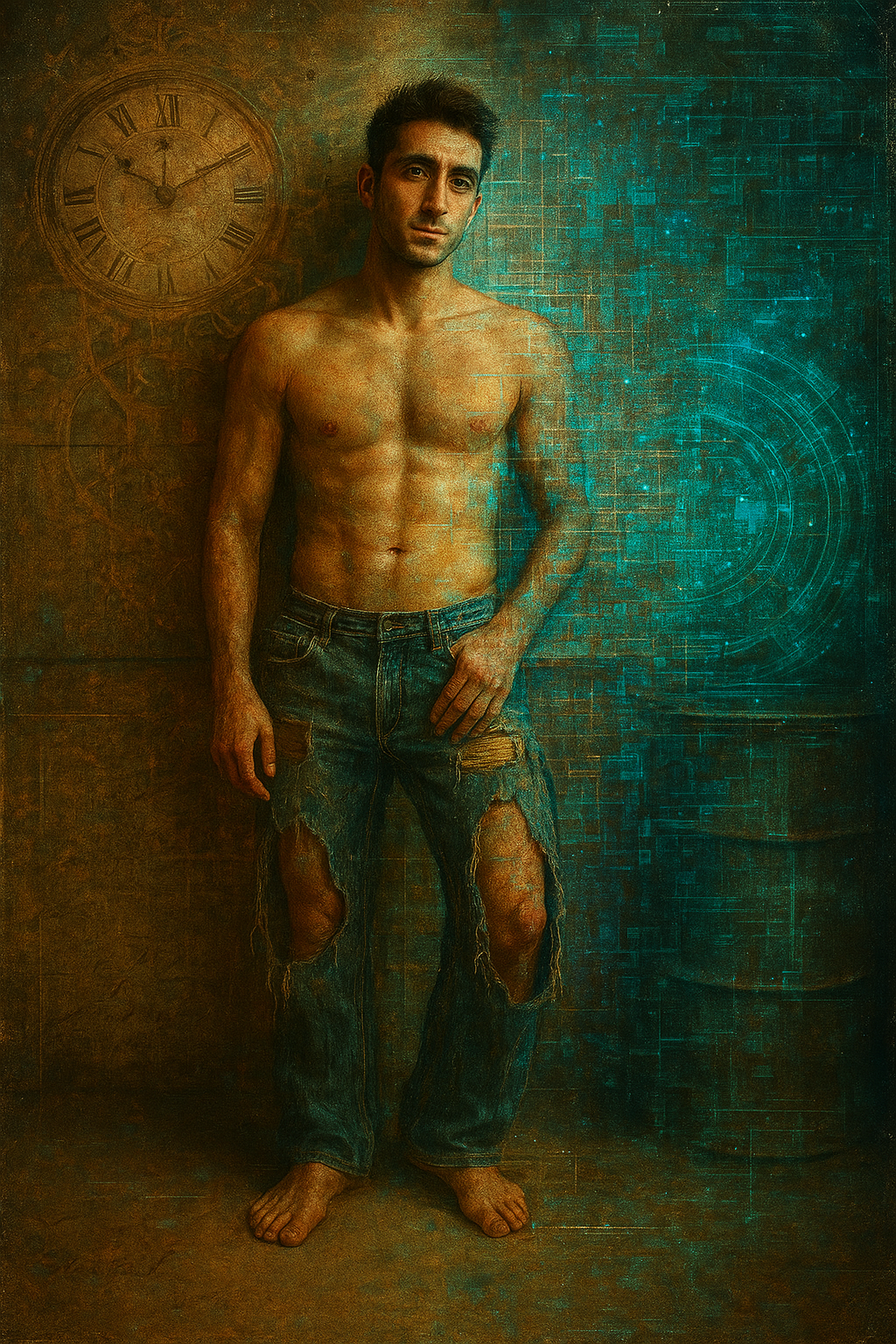 a painting of a shirtless man standing in front of a clock