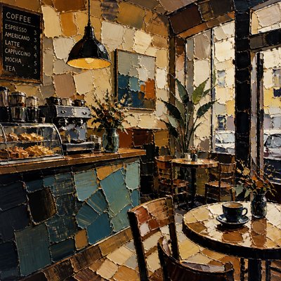 cozy cafe interior with warm lighting