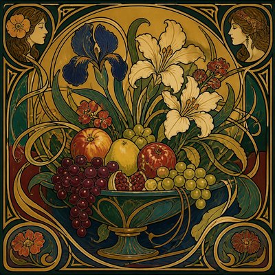 still life arrangement of fruits and flowers