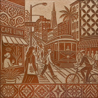 urban street with city activity — Sgraffito Art Style
